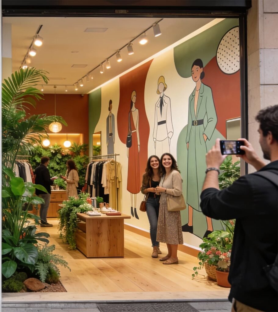 Clientes haciendo fotos dentro de una tienda de moda en Barcelona con mural artístico y diseño biofílico que atrae más clientes
